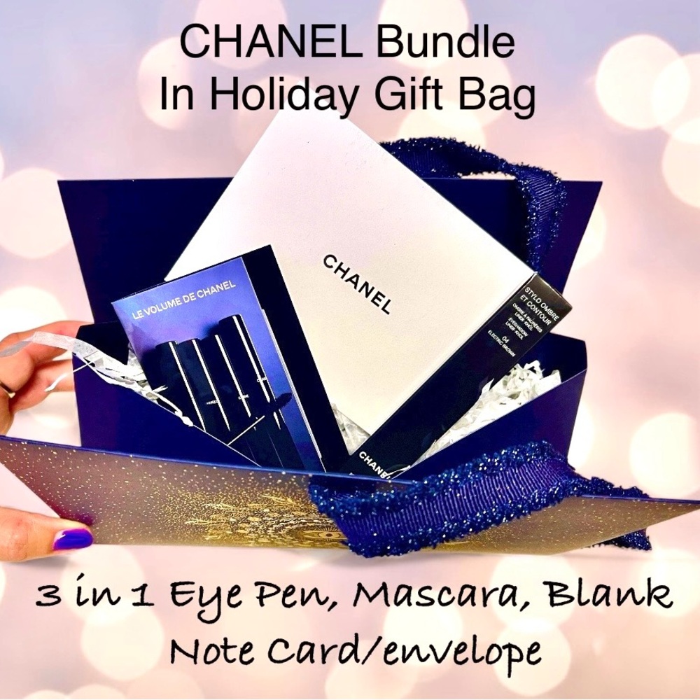 CHANEL 4Pc Beauty Bundle in Holiday Gift Bag Set 3 in 1 Eye Pen/Mascara/NoteCard